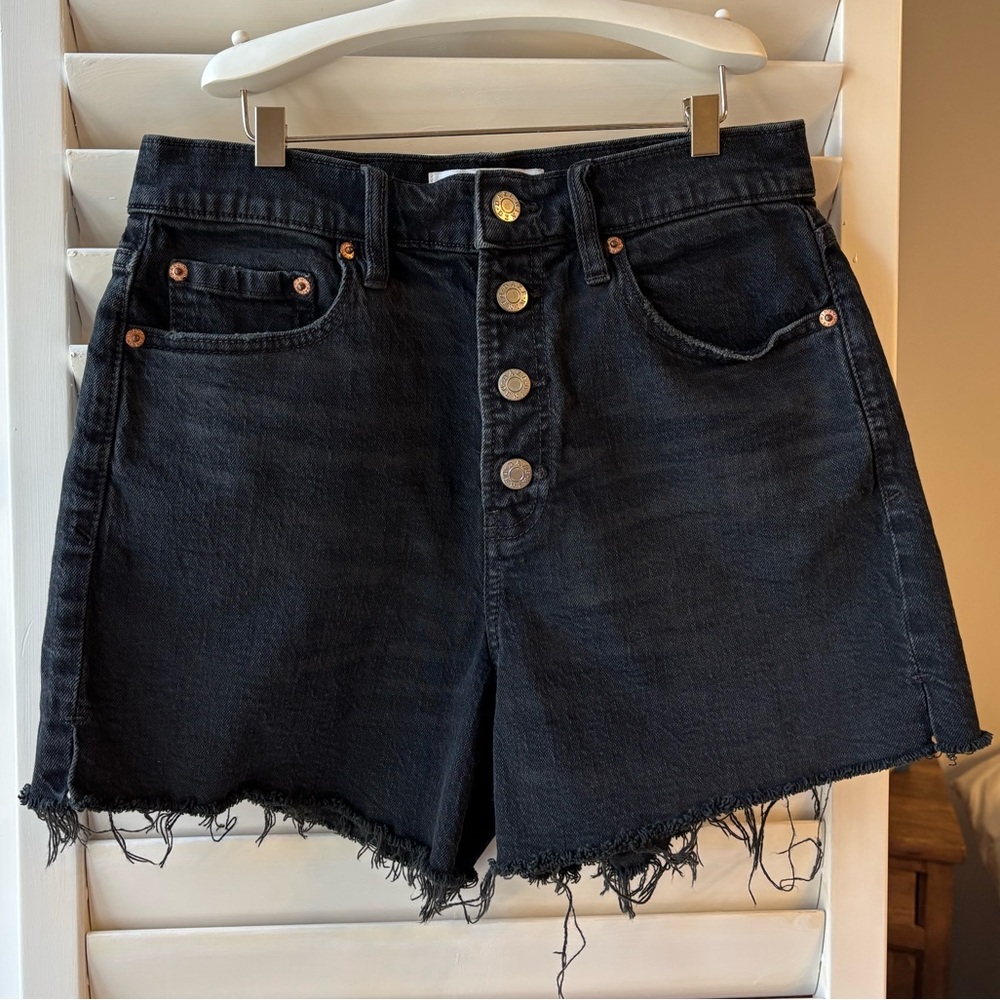 Black High-Rise Button-Front Denim Shorts